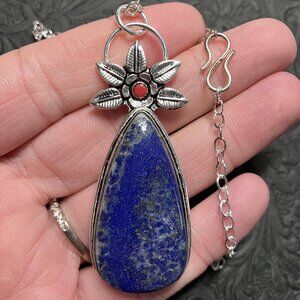 Lapis Lazuli and Coral Flower Pendant Necklace